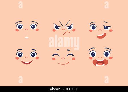 Des visages de dessin animé avec des sentiments différents.Ensemble vectoriel d'icônes de couleur plate pour la conception.Expression de différentes émotions, surprise, joie, éléments pour animer Illustration de Vecteur