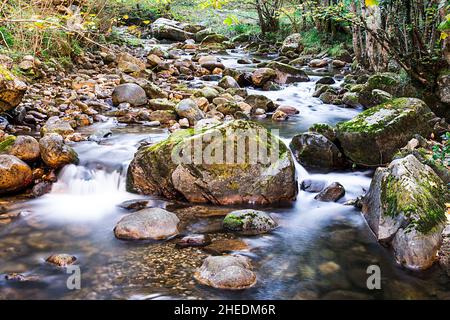 Photographie d'une rivière avec effet soyeux d'eau.la photo a été prise sur la route d'Alba qui part de la célèbre ville des Asturies Soto de agues. Banque D'Images