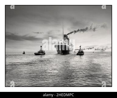 ESSAIS EN MER DU TITANIC 1912 RMS TITANIQUE VINTAGE POIGNANT HISTORIQUE VOILE somber évocateur encore lever de soleil image des essais en mer de la voile de RMS Titanic qui a commencé à 6 HEURES le mardi 2nd 1912 avril,À peine deux jours après la fin de son installation et huit jours avant qu'elle ne quitte Southampton pour son fatidique voyage tragique de jeune fille.Titanic passant par le Belfast Lough en route vers la mer d'Irlande pour ses essais cette photographie évocatrice a été soigneusement restaurée afin de préserver son impact et sa qualité d'origine. Banque D'Images