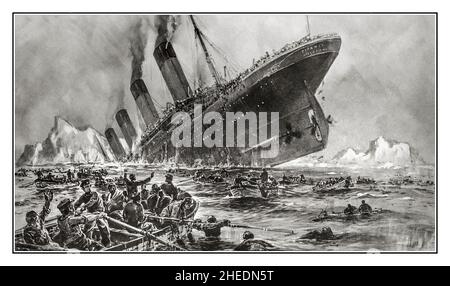 TITANIC 15th avril 1912 Illustration du tragique naufrage catastrophique de la RMS Titanic, avec une énorme perte de vie. Artiste Willy Stower 1912 Banque D'Images