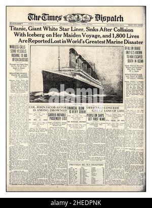TITANIC naufrage journal titre THE TIMES DISPATCH Richmond va USA avril 16th 1912 'Titanic, Giant White Star Liner, éviers après collision avec Iceberg sur son voyage de Maiden Banque D'Images