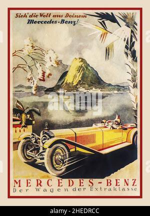Vintage 1900s Mercedes affiche publicitaire 'sieh' die Welt aus Deinem' Mercedes Benz !'MerceDES-BENZ Der Wagen der Extraklasse'« venez voir le monde de votre « Mercedes Benz ! »'MerceDES-BENZ la voiture dans une classe de sa propre' Banque D'Images