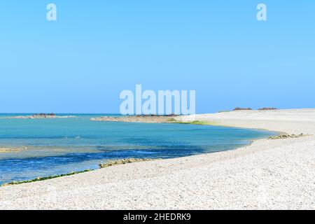 Cette photo de paysage a été prise en Europe, France, Normandie, Manche, au printemps.Nous pouvons voir la plage de galets en face du Cap de la Hague Lightho Banque D'Images