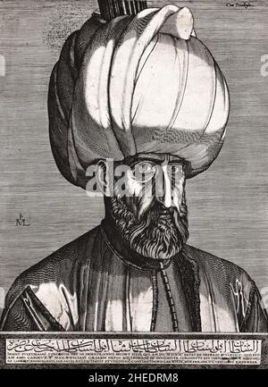 Portrait du Sultan Suleyman le magnifique par Melchior Lorck.Melchior Loichs 1526-1598 (Suleiman I, communément connu sous le nom de Suleiman le magnifique en Occident et Suleiman le donneur dans son Royaume, était le dixième et le plus long sultan régnant de l'Empire ottoman de 1520 jusqu'à sa mort en 1566.) Banque D'Images