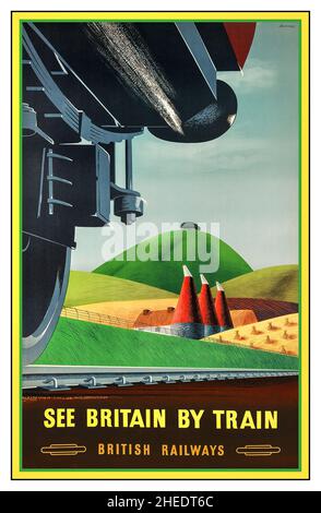 Affiche de chemin de fer Vintage 1950s British Rail « EE Britain by train », présentant une installation de séchage de houblon typique d'Oast Houses dans le Kent.« The Garden of England ». Par l'artiste graphique KENNETH BROMFIELD The Baynard Press, Londres. Banque D'Images