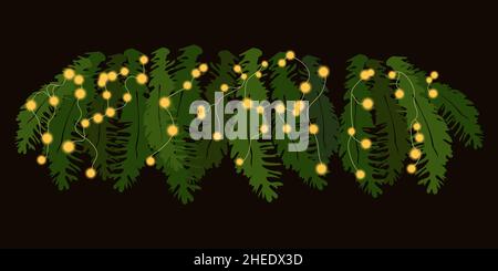Magnifiques lumières dorées lumineuses sur une branche d'arbre de Noël.Elément, clipart, objet, article pour carte-cadeau du nouvel an, bannière, affiche.Décor de fête Illustration de Vecteur