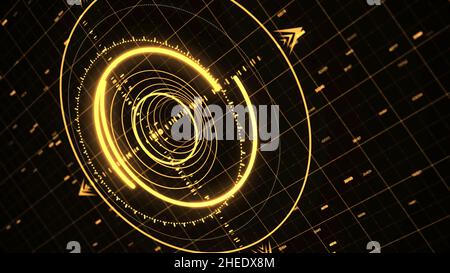 Animation numérique du système de ciblage avec une lueur jaune et des codes de programme fonctionnant sur fond noir, boucle transparente.Concept de technologie. Banque D'Images