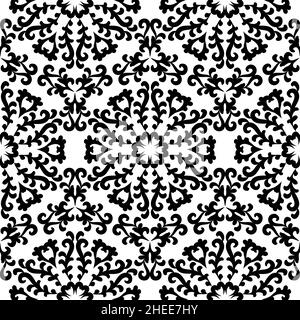 Motif floral noir et blanc sans couture.Décoration vintage avec tourbillons.Mandala.Pour papier peint, emballage, textile. Illustration de Vecteur