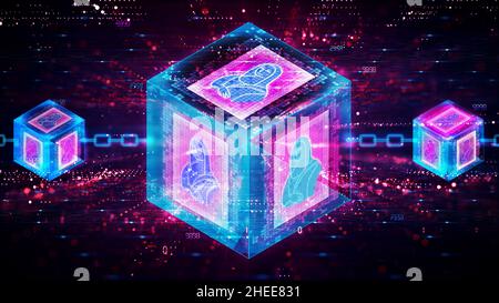 NFT - jeton non fongible (jeton non fongible) - jetons pour représenter la propriété des actifs numériques uniques protégés par Blockchain Technology - Conceptual I Banque D'Images