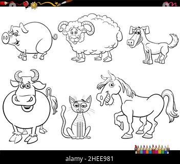 Dessin animé noir et blanc illustration de drôle animaux de ferme bande dessinée caractères ensemble coloriage livre page Illustration de Vecteur