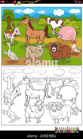 Dessin animé illustration des animaux de ferme bande dessinée caractères groupe coloriage livre page Illustration de Vecteur