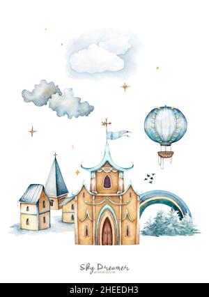 doux château d'aquarelle avec un arc-en-ciel, nuages, avec des maisons confortables, forêt, ballon d'air,cerf-volant, pour cartes de vœux dans des couleurs pastel Banque D'Images