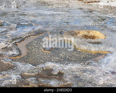 Détail du bassin de porcelaine, dans la région du bassin de Norris Geyser, parc national de Yellowstone, Wyoming, États-Unis. Banque D'Images