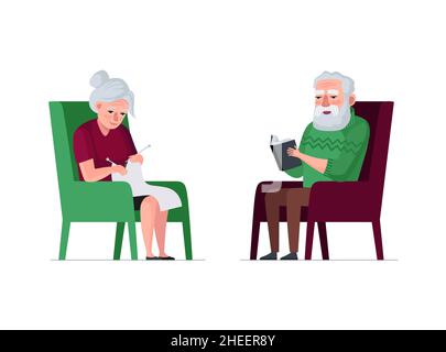 Couple de personnes âgées à la retraite temps de loisirs ensemble.Les retraités âgés sont assis dans un fauteuil.Grand-père lire livre, grand-mère tricot.Les personnes âgées dans la maison de soins infirmiers.Cheveux gris homme et femme.Illustration vectorielle Illustration de Vecteur