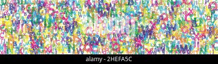 Chute de lettres de langue anglaise.Mots volants de l'alphabet latin, tracés à la main et lumineux.Concept d'étude des langues étrangères.Bannière hypnotique de retour à l'école Illustration de Vecteur