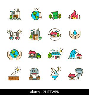 Symptômes du réchauffement climatique et prévention.Conservation de l'eau, énergie propre et recyclage.Catastrophes naturelles et chauffage.Pixel parfait, contour modifiable Illustration de Vecteur