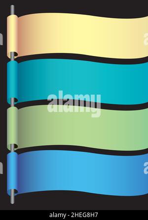 Ensemble de quatre bannières de couleur fraîche accrochées à un poteau métallique et en agitant dans le vent.Conception vectorielle de l'élément art isolé sur fond noir Illustration de Vecteur