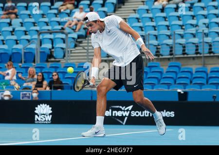 Sydney, Australie.11th janvier 2022.Alexei Popyrin d'Australie joue un revers contre Pedro Martinez d'Espagne lors de la Sydney tennis Classic 2022 au Sydney Olympic Park tennis Centre, Sydney, Australie le 11 janvier 2022.Photo de Peter Dovgan.Utilisation éditoriale uniquement, licence requise pour une utilisation commerciale.Aucune utilisation dans les Paris, les jeux ou les publications d'un seul club/ligue/joueur.Crédit : UK Sports pics Ltd/Alay Live News Banque D'Images