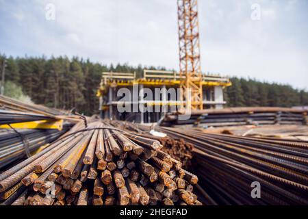 Barres de renfort en acier.Arrière-plan industriel.Rebarrer la texture.Matériau de construction.Construction Banque D'Images