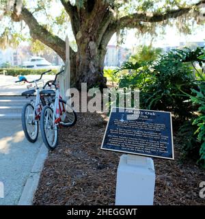 Plaque commémorative au Liberty Oak en l'honneur de Charles Fraser, fondateur de Sea Pines Plantation; Hilton Head, Caroline du Sud, États-Unis, lieu de sépulture Banque D'Images