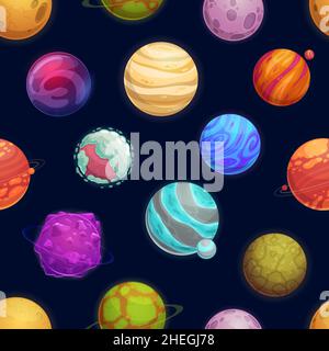 Espace de dessin animé planètes et étoiles motif sans couture, fond de galaxie vectoriel.Astéroïdes et planètes spatiales fantaisie dans l'espace avec des météorites, des météores et Illustration de Vecteur