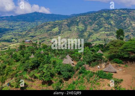 Vue panoramique sur les habitations en bois tribal au milieu de l'herbe verte et des arbres dans la vallée africaine de la rivière Omo, en Éthiopie Banque D'Images