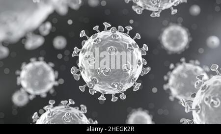 COVID-19 le virus Corona avec la glycoprotéine Spike flotte dans l'air avec la poussière de bokeh.Arrière-plan noir et blanc foncé .3D rendu Banque D'Images