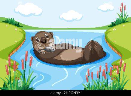 Une loutre flottant sur l'eau dans l'illustration de la forêt Illustration de Vecteur