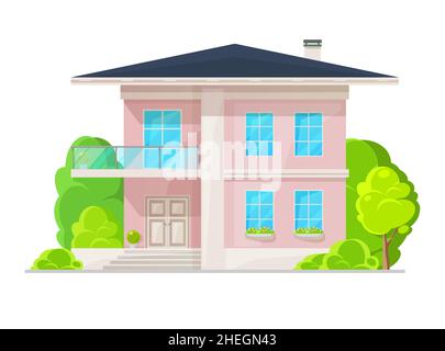 Maison de banlieue de deux étages avec balcon, extérieur du bâtiment.Façade de maison en pierre rose Vector avec escaliers blancs et toit panoramique.Étiquette de luxe résidentielle Illustration de Vecteur