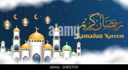 illustration réaliste de fond de ramadan kareem avec mosquée réaliste, nuages, lanterne de bougie, et lune. conception vectorielle Illustration de Vecteur