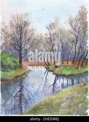 Affiche d'art mural paysage aquarelle peinture Banque D'Images