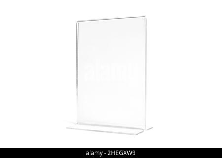 Écran de bureau transparent vertical isolé sur fond blanc.Bannière publicitaire.Modèle de maquette.Vue avant.Porte-menu de chevalet T Banque D'Images