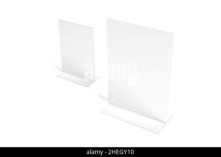 Écran de bureau transparent vertical isolé sur fond blanc.Bannière publicitaire.Modèle de maquette.Vue avant.Porte-menu de chevalet T Banque D'Images