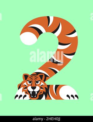 2 avec tigre stilizated pour créer 2022 cartes de vœux isolées.Illustration de l'art plat Banque D'Images