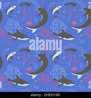 Motif sous-marin sans couture avec requins et coraux sur fond bleu foncé.Illustration Flat Art. Banque D'Images