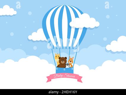 Douche de bébé petit garçon ou fille avec mignon Jungle animaux Design arrière-plan Vector Illustration appropriée pour invitation et carte de vœux Illustration de Vecteur