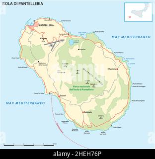 Carte routière vectorielle de l'île volcanique italienne de Pantelleria, Sicile, Italie Illustration de Vecteur