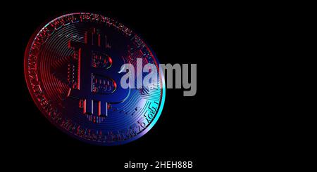 Un bitcoin doré commémoratif reflétant une lumière colorée.3D a rendu la crypto-monnaie defi sur fond sombre.BTC est une monnaie dans une banque moderne Banque D'Images