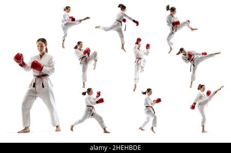 Collage.Jeune fille sportive, adolescent, entraînement d'athlète taekwondo isolé sur fond blanc.Concept du sport, de l'éducation, des compétences Banque D'Images