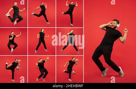 Ensemble de portraits d'un jeune homme émotif sautant, s'amusant isolé sur fond rouge.Composition carrée.Affiche. Banque D'Images