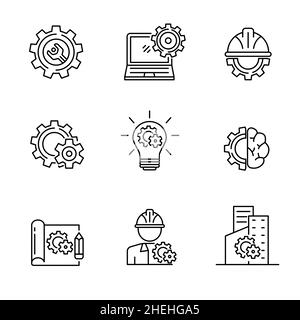 Ensemble d'icônes liées à l'ingénierie avec style Contour Gear et illustration du vecteur d'ingénierie avec conception de ligne noire simple. Banque D'Images