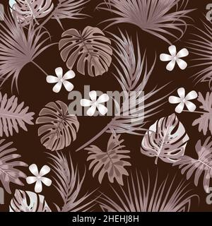 Motif vectoriel sans couture monochrome beige feuilles et fleurs de palmier sur fond de chocolat Illustration de Vecteur