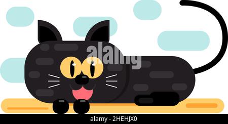 Dessin animé noir chat plat style vectoriel illustration.joli chat caractère.Sleepy chat smiley Illustration de Vecteur
