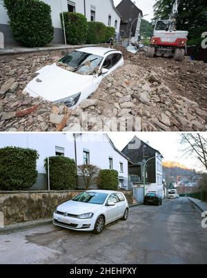 Hagen, Allemagne.11th janvier 2022.KOMBO - Une voiture est enterrée par des débris dans le district de Hohenlimburg de Hagen le 15 juillet 2021, après de fortes tempêtes (en haut).Près d'un demi-an plus tard, rien de plus ne peut être vu de la dévastation (ci-dessous, 11 janvier 2022).À la mi-juillet 2021, de fortes pluies et des tempêtes ont causé des inondations et des destructions dans de nombreux endroits.En Rhénanie-du-Nord-Westphalie, elle a d'abord frappé Hagen particulièrement durement.Les pentes ont glissé, les routes inondées ont été fermées.Crédit : J. Stratenschulte/A.Talash/dpa - ATTENTION : les plaques d'immatriculation de voiture ont été pixélisées pour des raisons de confidentialité/dpa/Alay Live News Banque D'Images