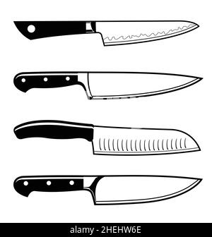 divers chefs couteau contour set styles allemand et japonais linéart contour silhouettes vecteur isolé sur fond blanc Illustration de Vecteur