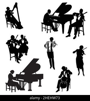 Divers musiciens classiques silhouettes vecteurs y compris harpe piano violon violoncelle interprètes vectpr isolé sur fond blanc Illustration de Vecteur