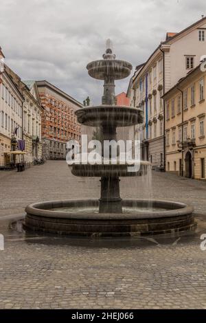 Fontaine sur la place Novi Trg, au centre de Ljubljana, en Slovénie Banque D'Images