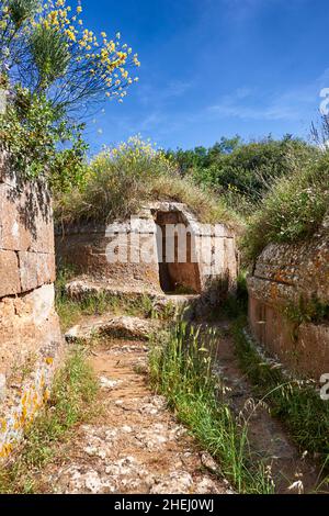 Etrusque circulaire Tumulus Tombeau dans une des rues de la Necropoli della Banditaccia, Cerveteri, 6th siècle avant J.-C., Italie.Un si classé au patrimoine mondial de l'UNESCO Banque D'Images