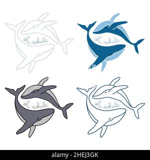 Ensemble de quatre paires de baleines à bosse et de phrases dessinées à la main dans différentes couleurs minimaliste dessin vectoriel logo illustration.Isolé W Illustration de Vecteur