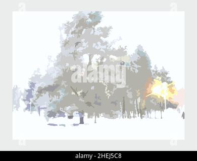 Paysage d'hiver laconique pour affiches ou papier peint.Épinettes et pins à la lumière du jour pour les fonds et les textures, les produits de tissus, les textiles, etc Banque D'Images